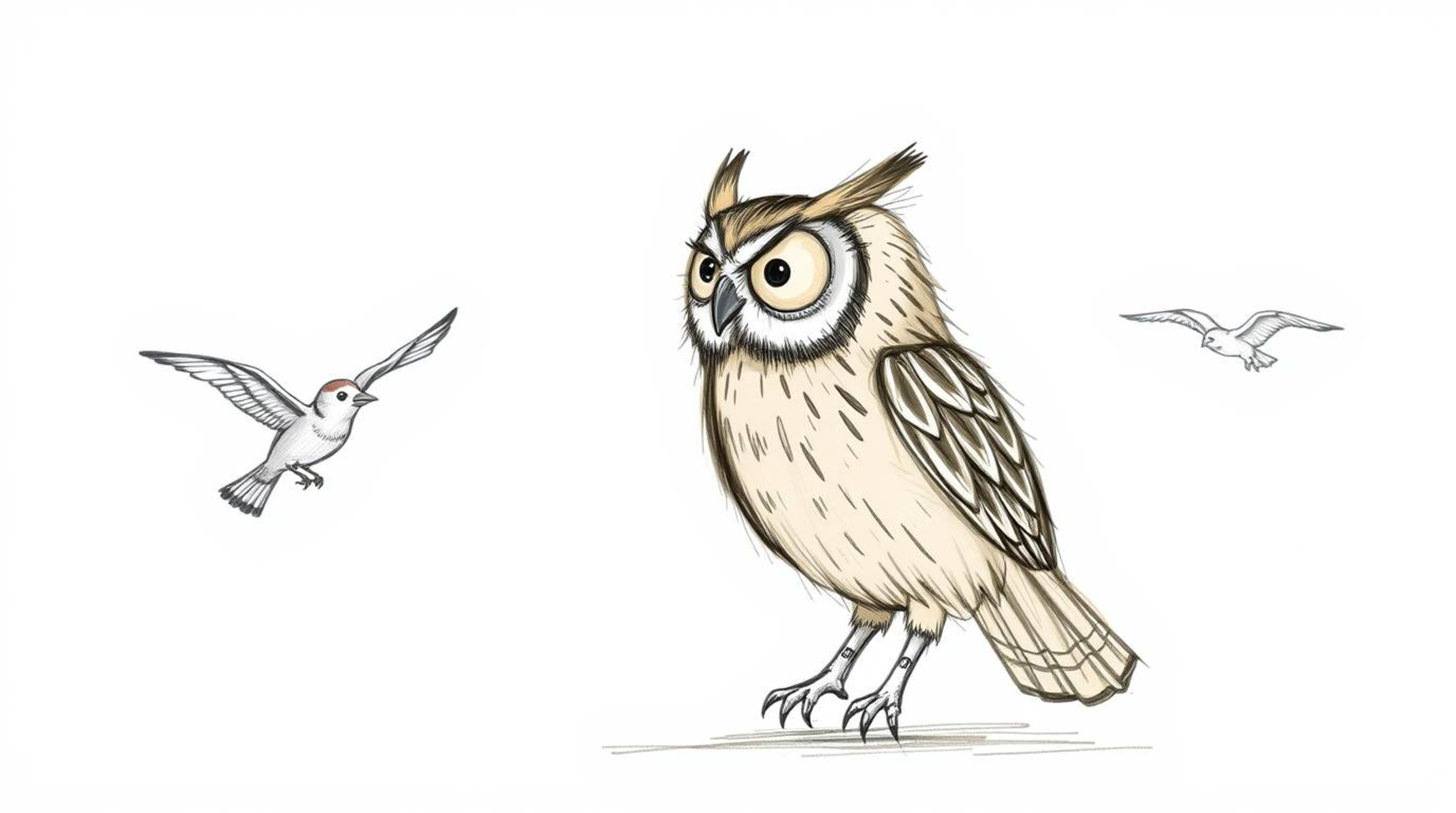 A hand-drawn Pixar style sketch depicts a blind owl using scent, sound, and intuition to guide small birds into flight. The i