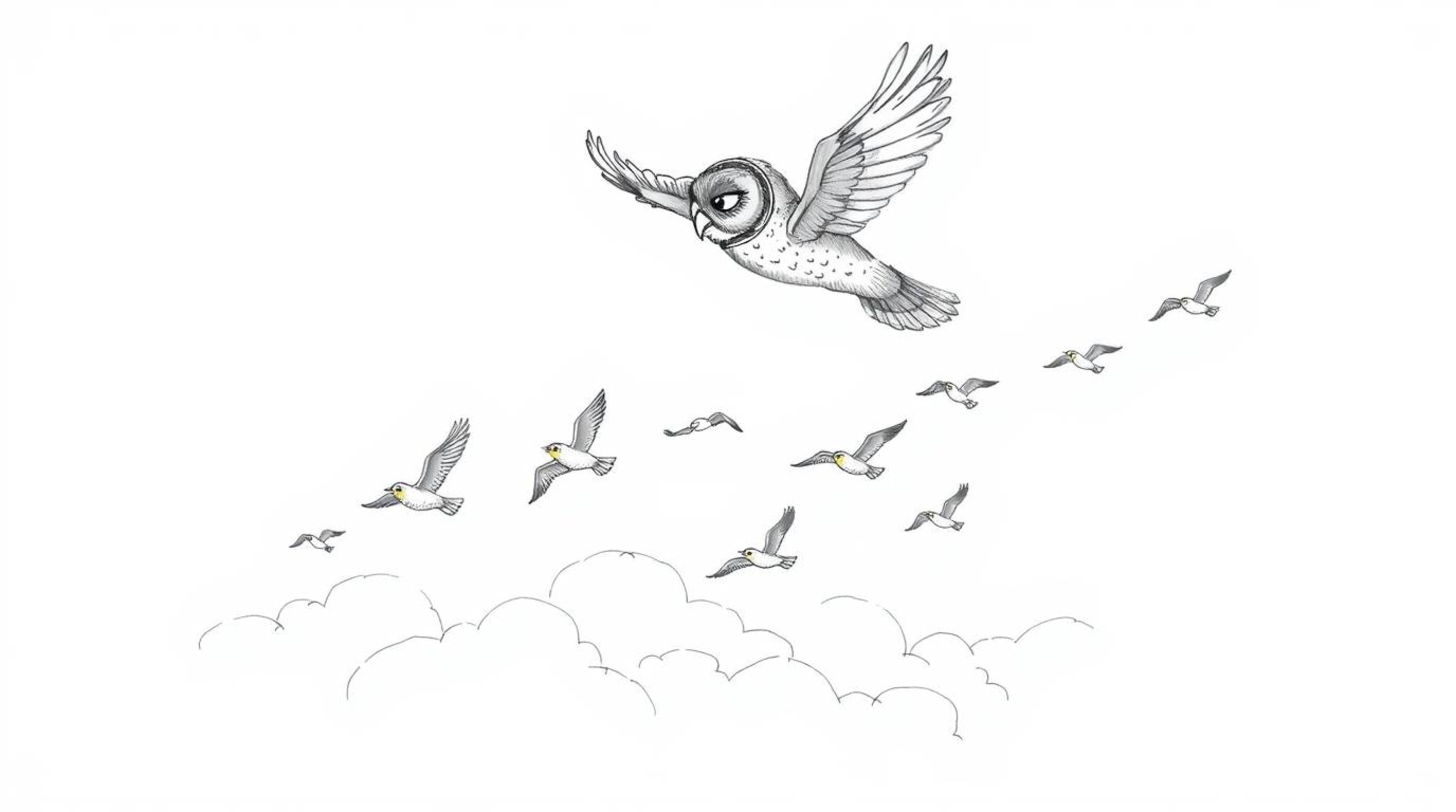 A heartwarming hand-drawn sketch depicts a blind owl, its feathers rendered with rough pencil strokes, guiding a vibrant floc