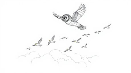 A heartwarming hand-drawn sketch depicts a blind owl, its feathers rendered with rough pencil strokes, guiding a vibrant floc