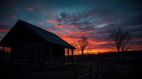 A stunning professional photograph depicts an old wooden cabin bathed in the warm glow of sunset.  Rich burgundy and deep blu