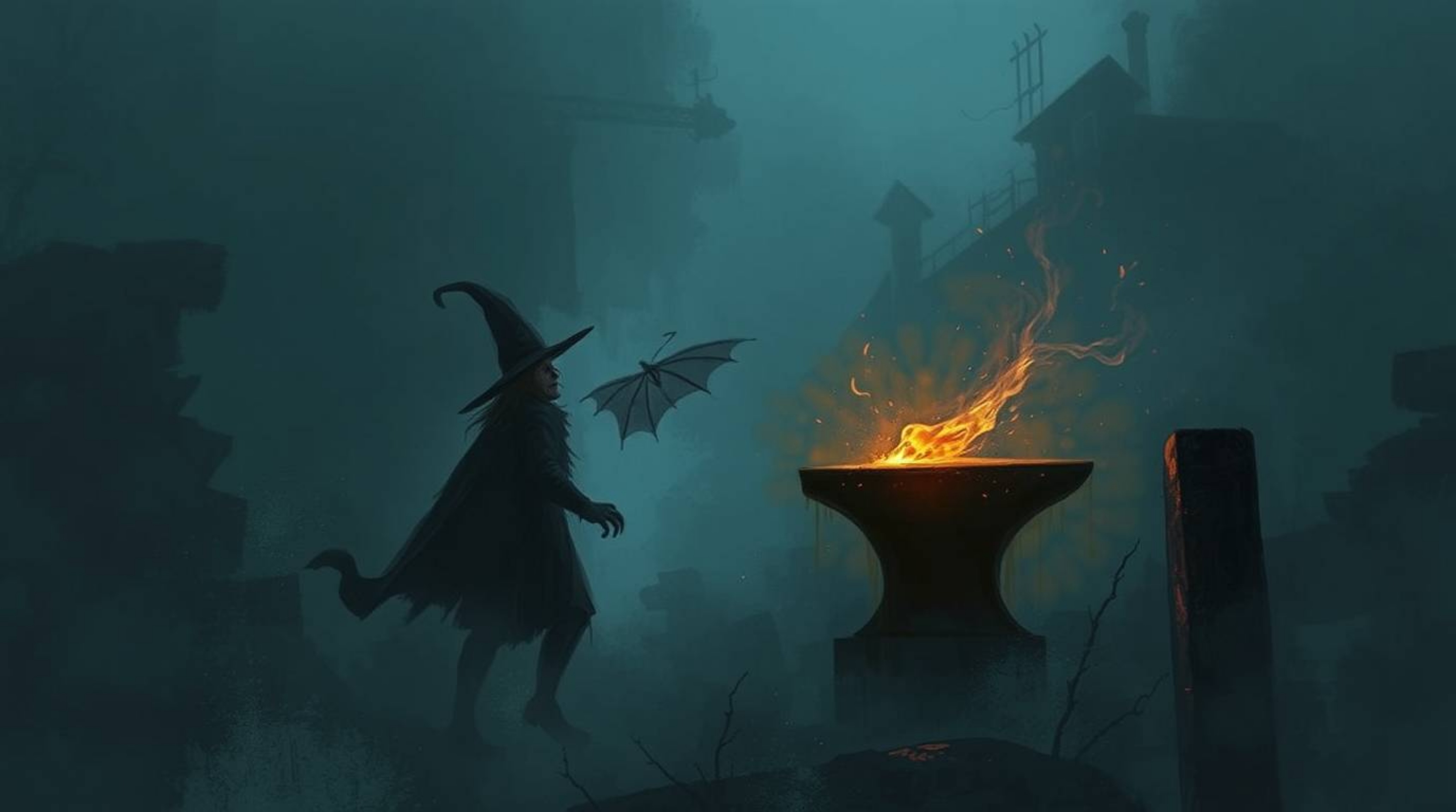 A digitally painted image showcases a trickster character moments before disaster, with an anvil poised to strike amidst a de