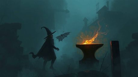 A digitally painted image showcases a trickster character moments before disaster, with an anvil poised to strike amidst a de