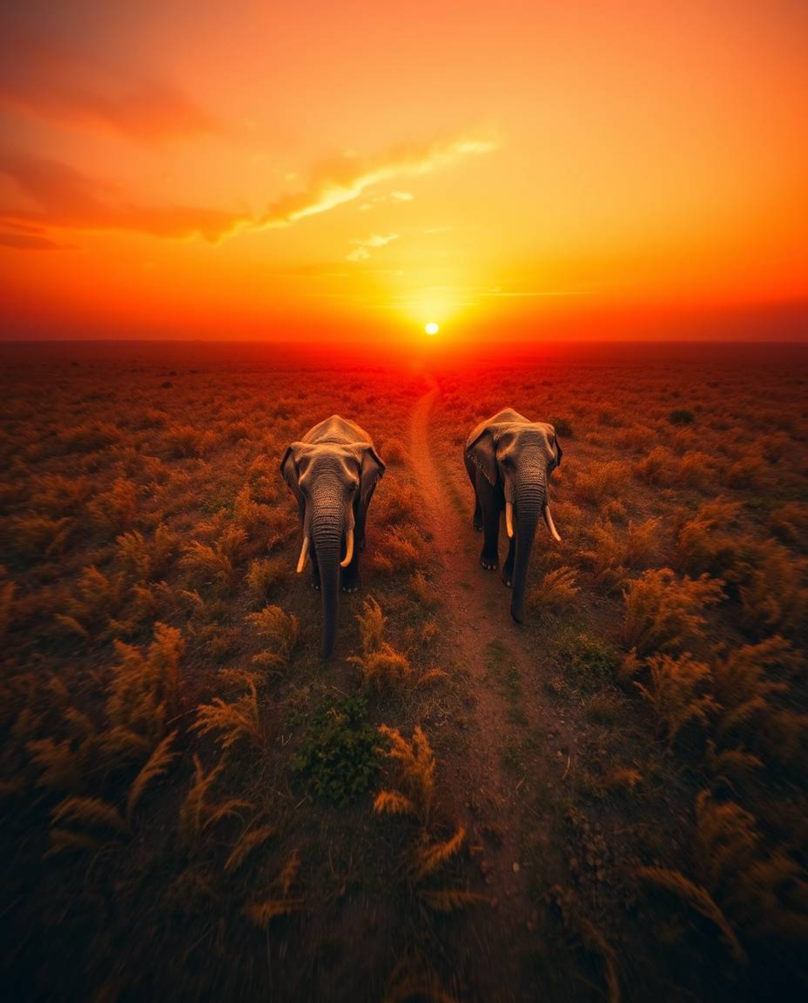 A warm, overhead photograph of elephants walking across a field at sunset taken with a long exposure. The top-down perspectiv