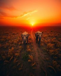 A warm, overhead photograph of elephants walking across a field at sunset taken with a long exposure. The top-down perspectiv