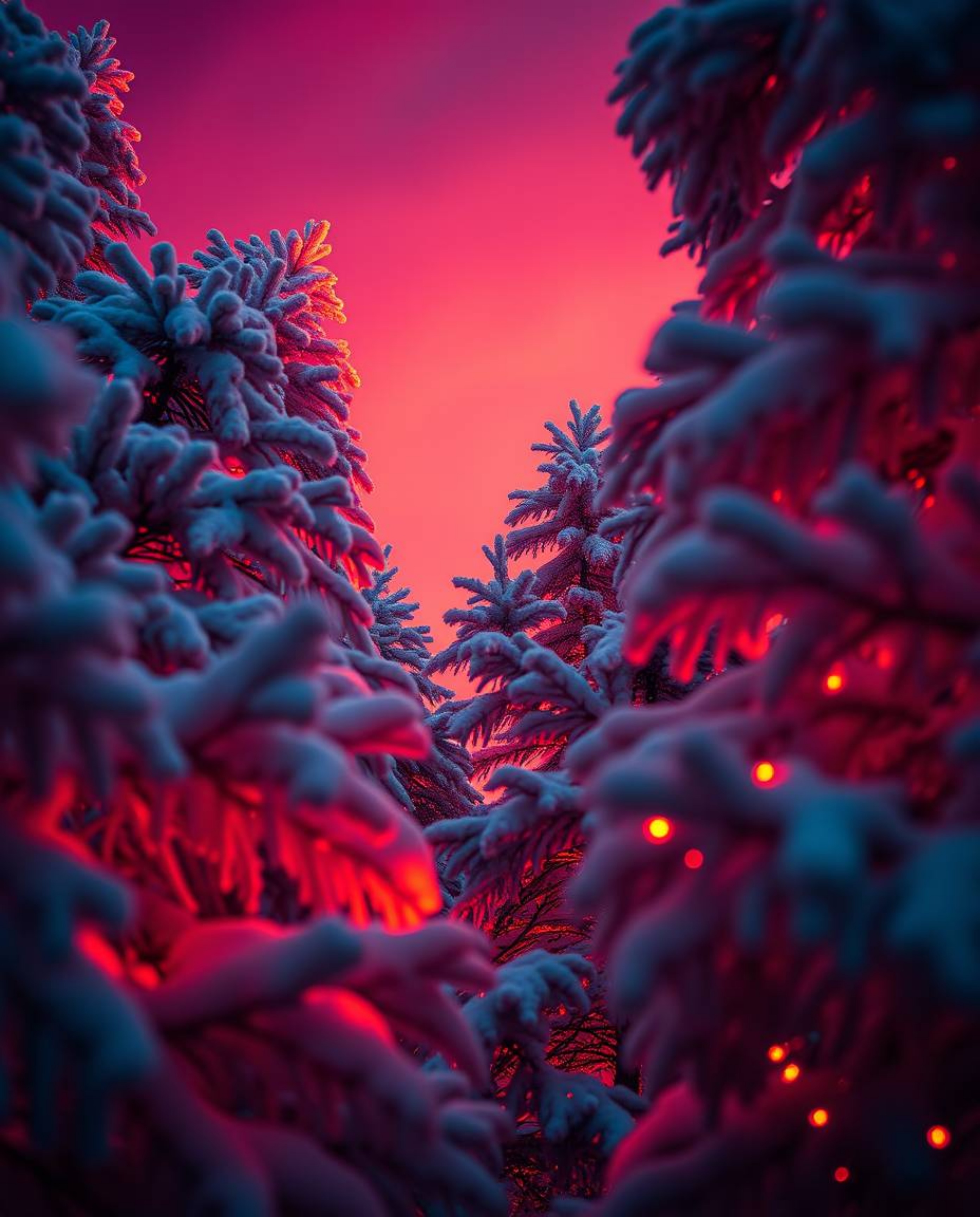 A high angle perspective of snowy pine trees in sunset light, featuring rich burgundy and deep blue colors for a sophisticate