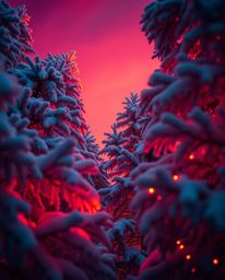 A high angle perspective of snowy pine trees in sunset light, featuring rich burgundy and deep blue colors for a sophisticate
