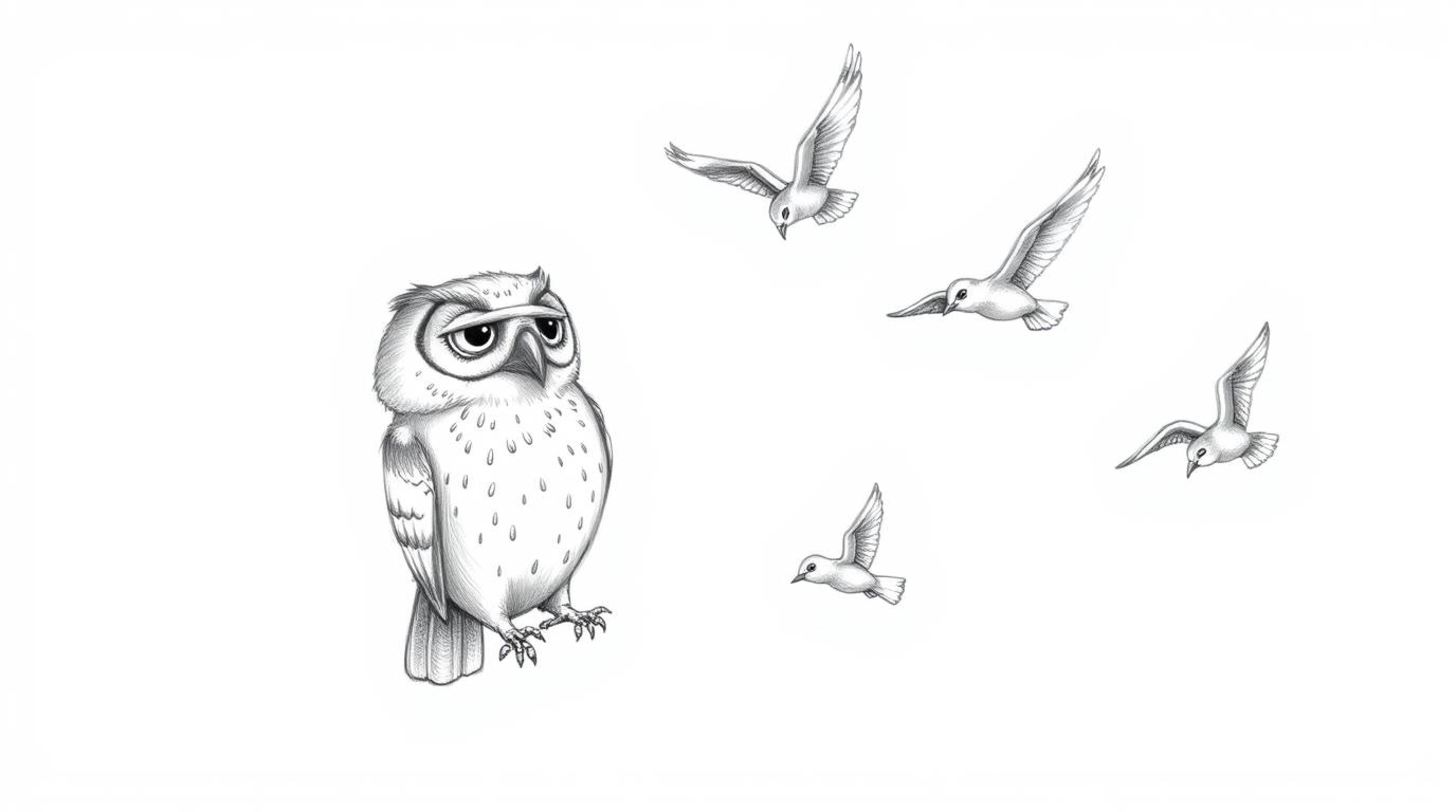 A captivating hand-drawn sketch, textured with rough pencil lines, depicts a blind owl in a charming Pixar style. This unique