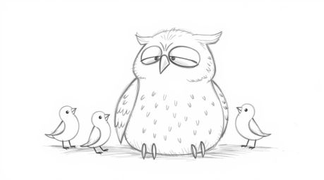 A heartwarming hand-drawn sketch in the style of Pixar depicts a blind owl with gentle features resting against a clean white