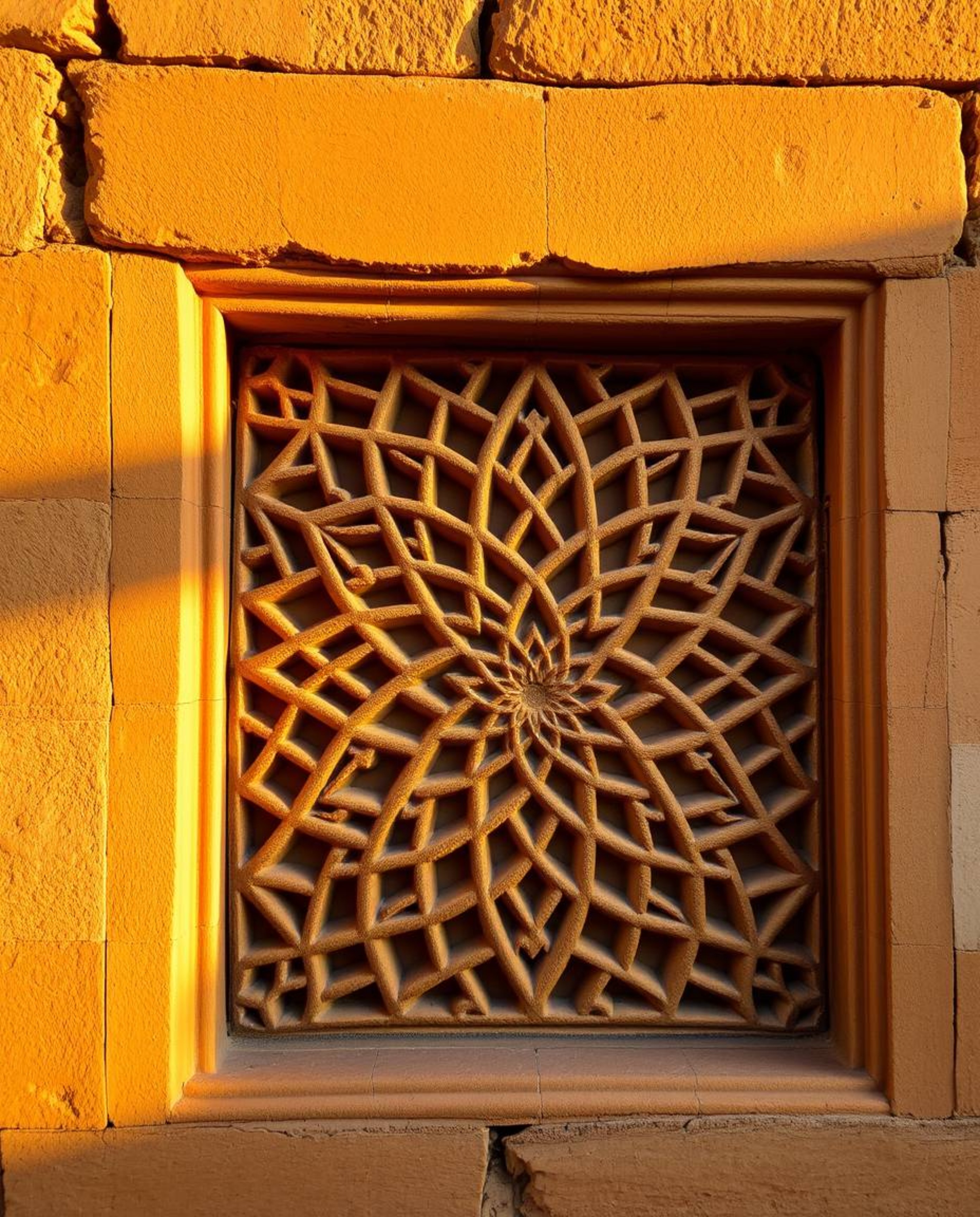 Explore the captivating beauty of Islamic geometric stone carving, captured during the warm embrace of golden hour or the vib