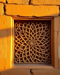 Explore the captivating beauty of Islamic geometric stone carving, captured during the warm embrace of golden hour or the vib