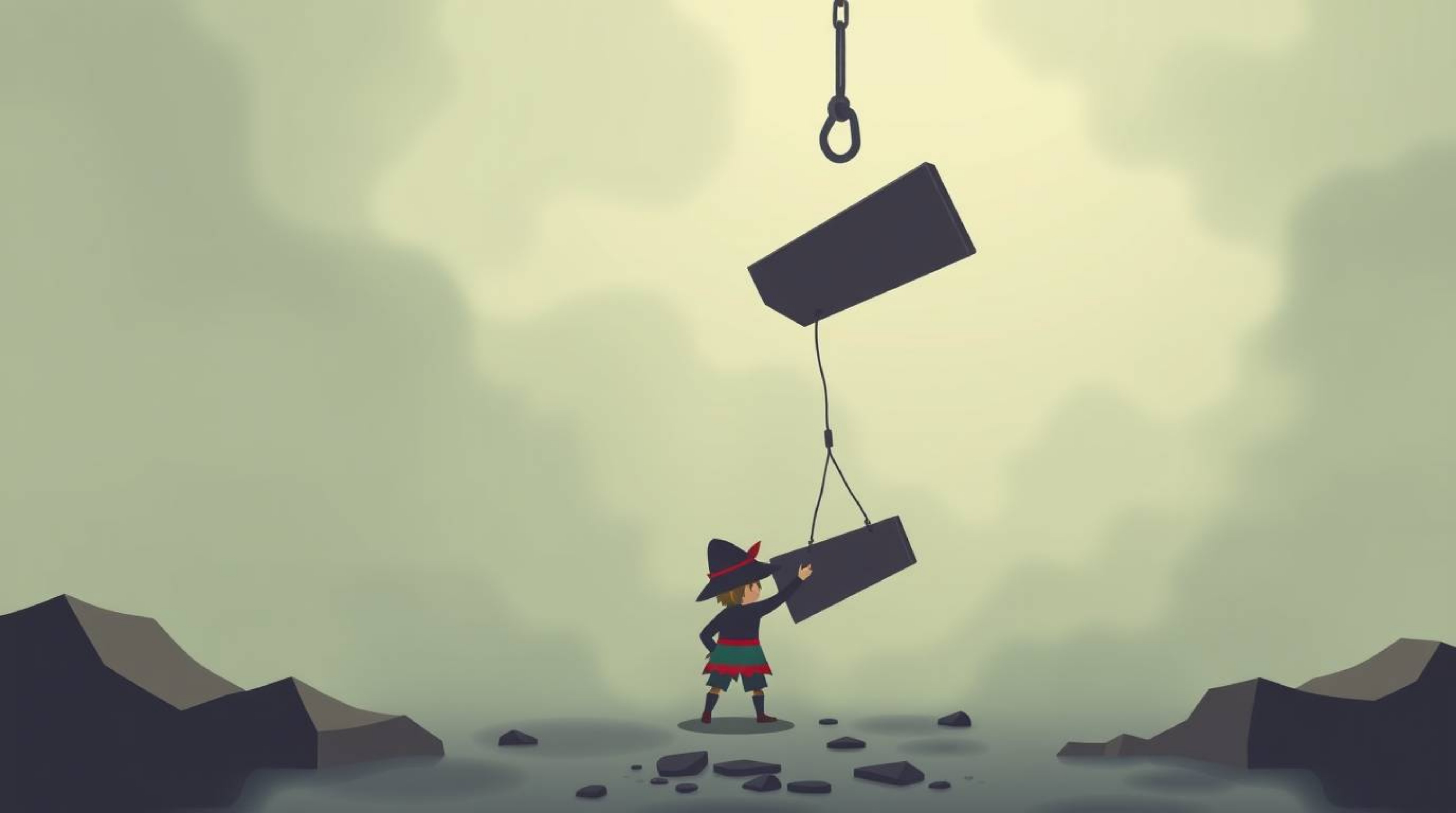 This captivating image features a simple, two-dimensional depiction of a trickster character in a precarious situation, facin