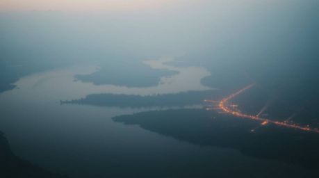 This image captures a river delta bathed in the ethereal glow of twilight.  The moody style is enhanced by soft cinematic haz