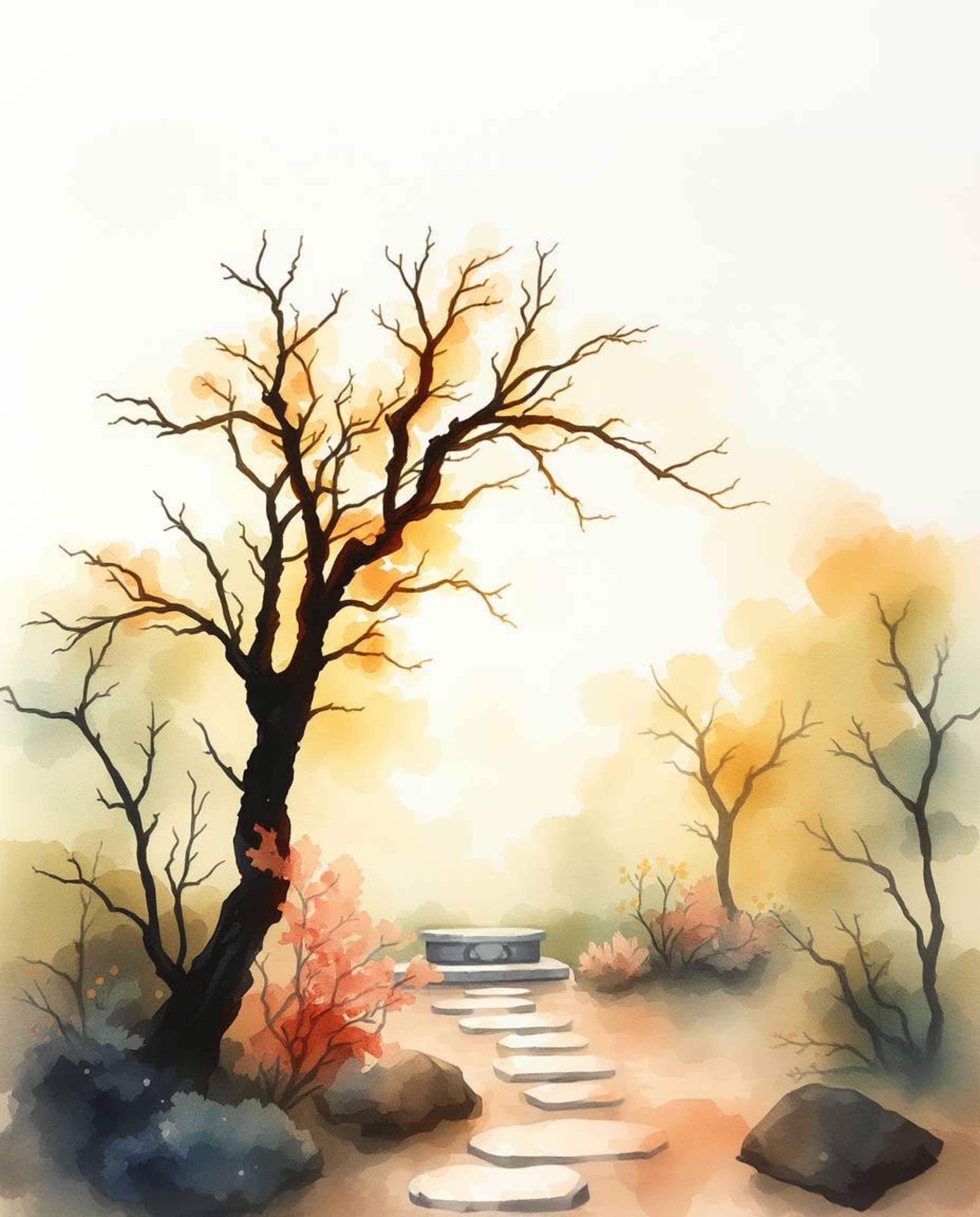 Immerse yourself in the tranquility of a serene Zen garden at sunset or sunrise, captured in a delicate watercolor painting. 