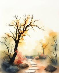 Immerse yourself in the tranquility of a serene Zen garden at sunset or sunrise, captured in a delicate watercolor painting. 
