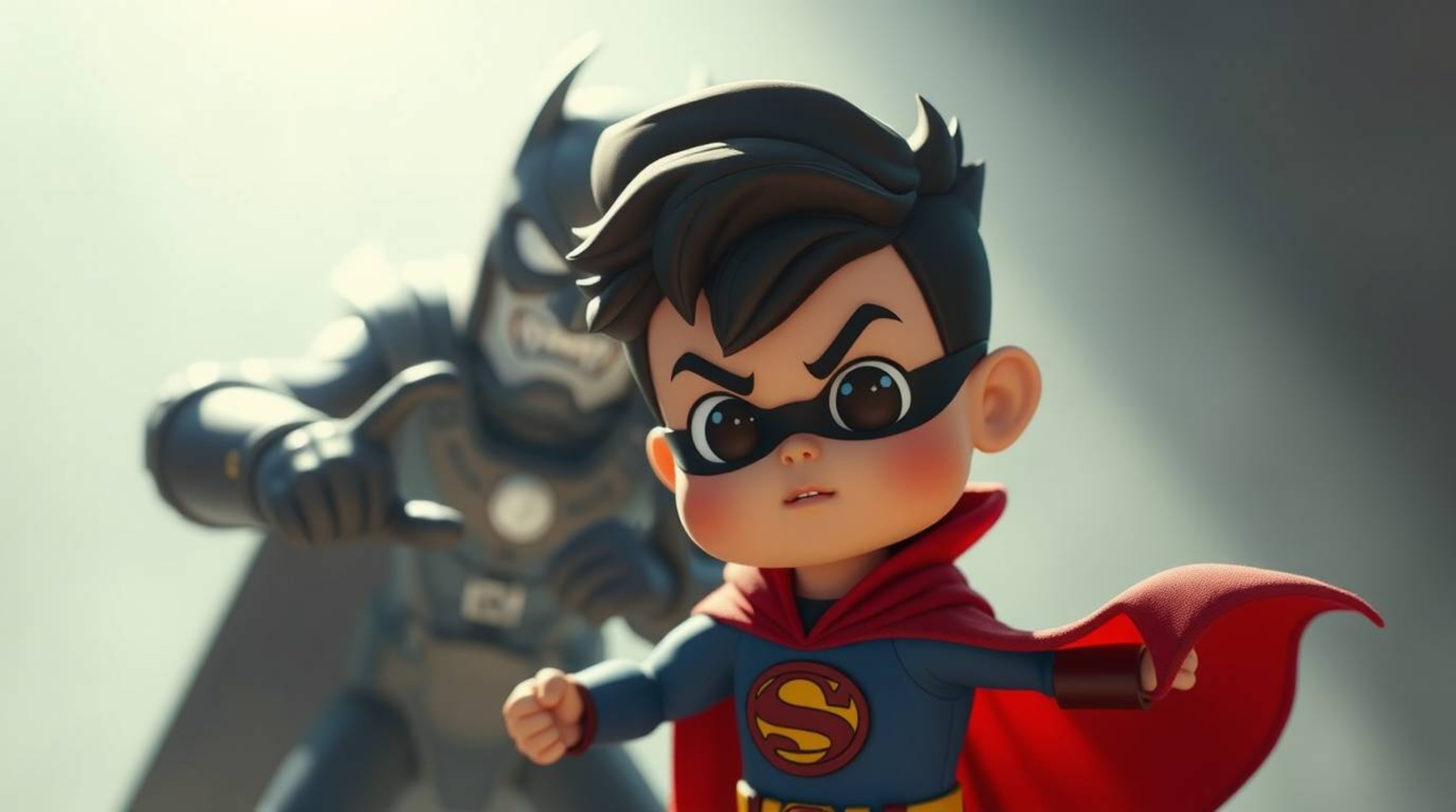 An adorable superhero with charming, expressive features engages in a dramatic battle against a silly villain.  Strong shadow