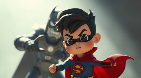 An adorable superhero with charming, expressive features engages in a dramatic battle against a silly villain.  Strong shadow
