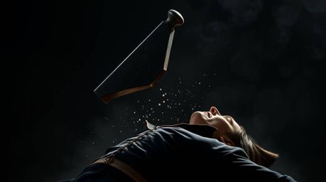 A captivating high-resolution stock photo showcasing an anvil gracefully falling on a trickster character. The image boasts s