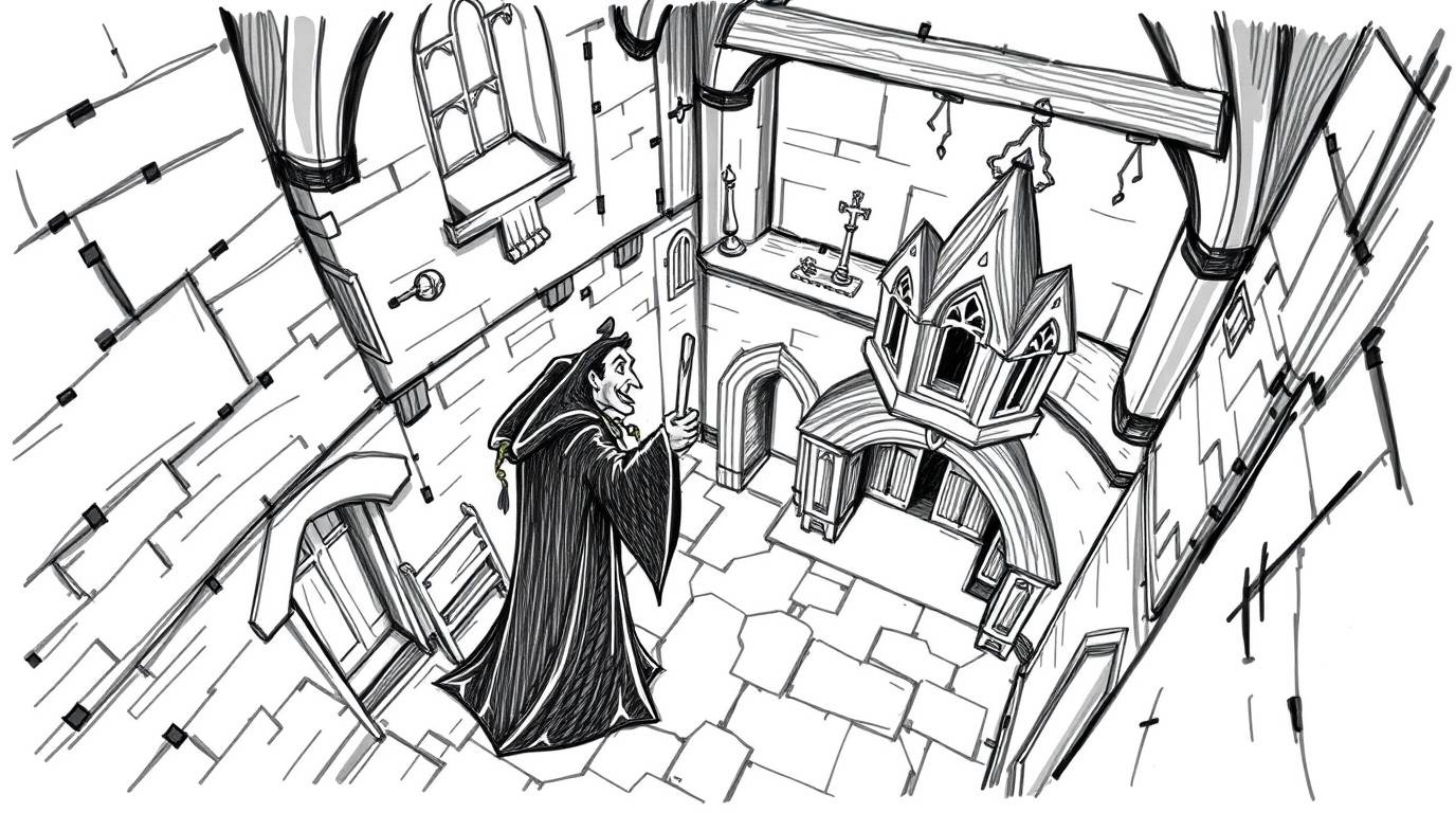 This hand-drawn, color sketchnote-style illustration, rendered from a high-angle perspective, showcases a classic Disney vill