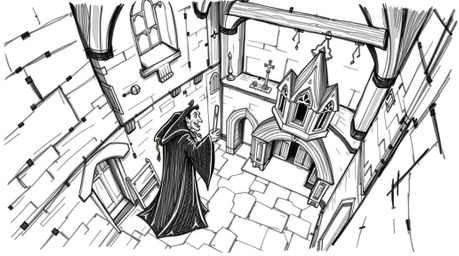 This hand-drawn, color sketchnote-style illustration, rendered from a high-angle perspective, showcases a classic Disney vill