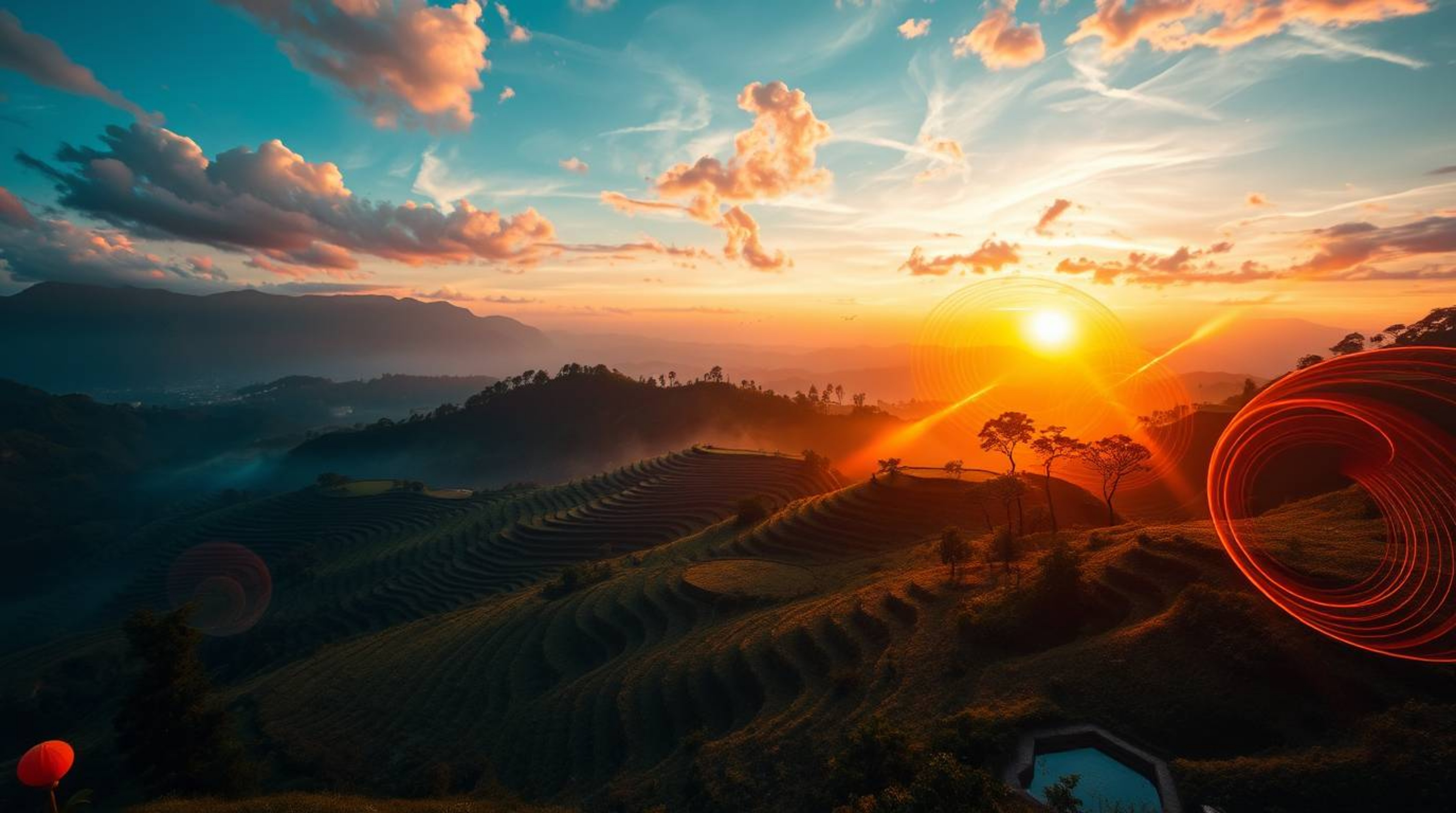 Experience a surreal and dreamlike landscape featuring a breathtaking sunset over rice terraces nestled in the mountains. Cre