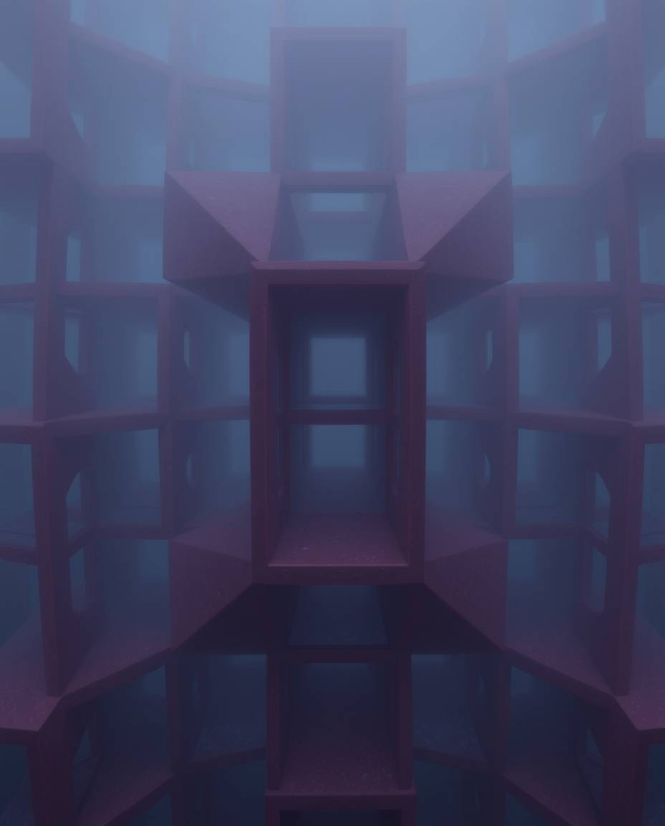 Explore a world of repetitive cube patterns in Escher-style impossible geometry, bathed in rich burgundy and deep blue hues. 