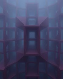 Explore a world of repetitive cube patterns in Escher-style impossible geometry, bathed in rich burgundy and deep blue hues. 