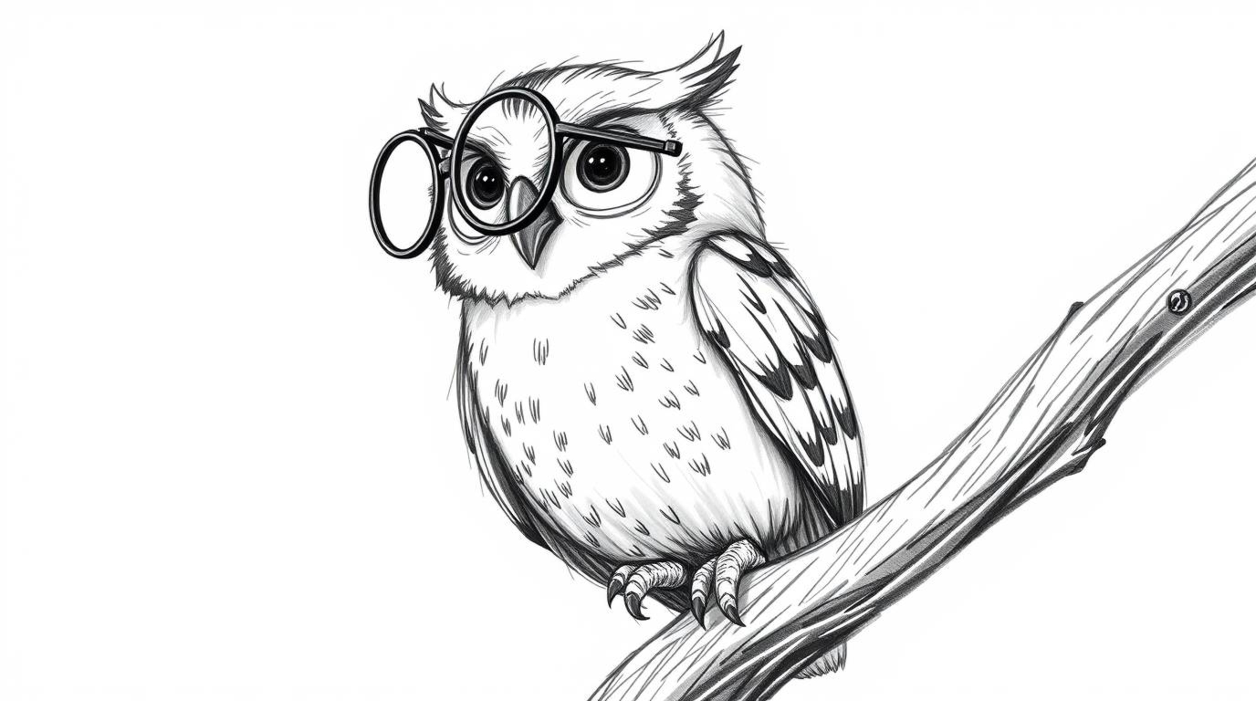 A whimsical, hand-drawn sketch in Pixar style depicts a blind owl with large round glasses, patiently teaching birds how to f