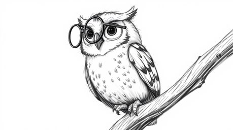 A whimsical, hand-drawn sketch in Pixar style depicts a blind owl with large round glasses, patiently teaching birds how to f