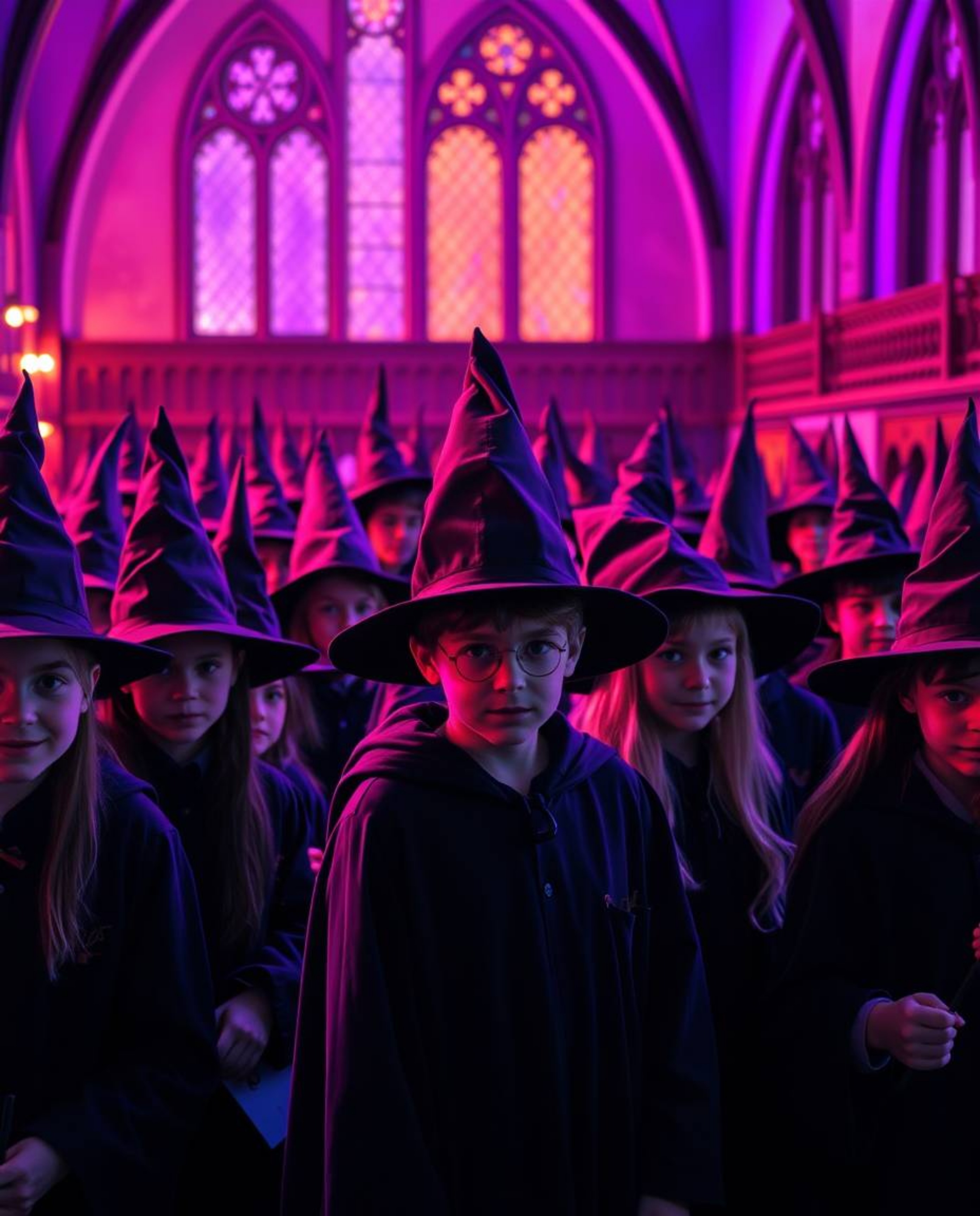 Explore a captivating magical school through stunning photography, showcasing young wizards adorned in pointed hats and robes