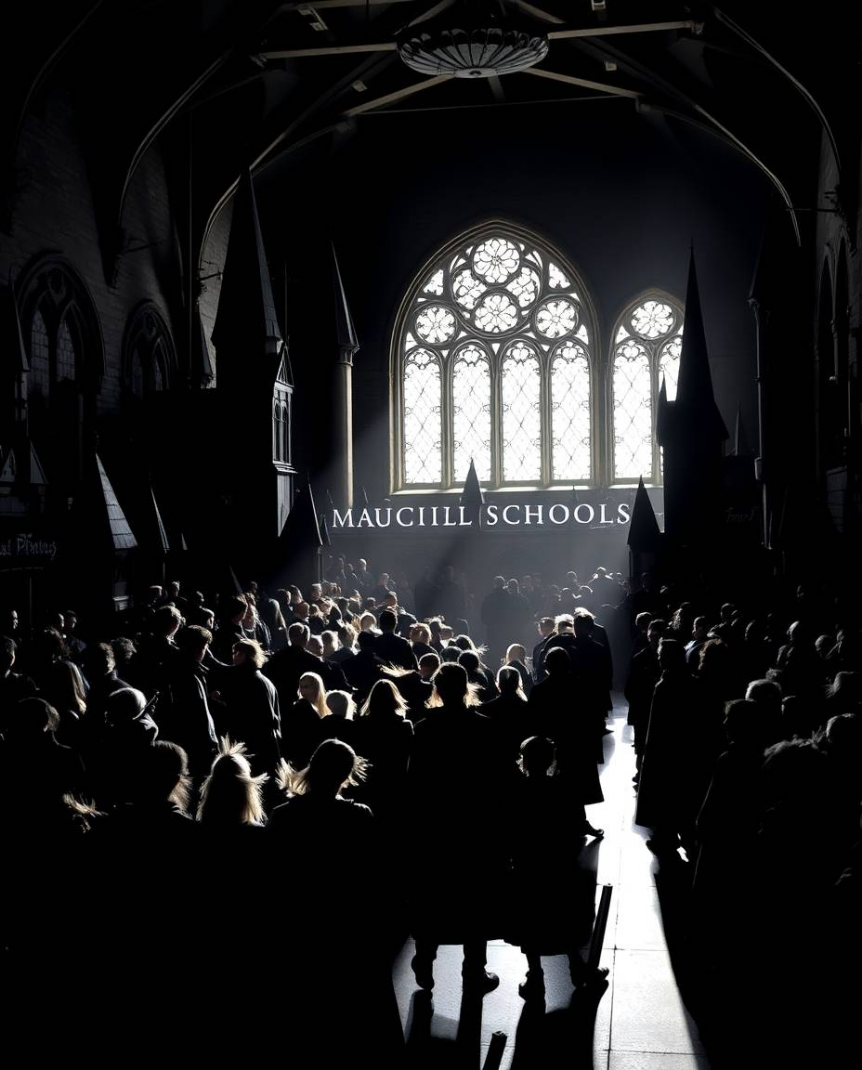 Immerse yourself in a captivating world of young wizards at a magical school, presented with striking bold areas silhouetted 