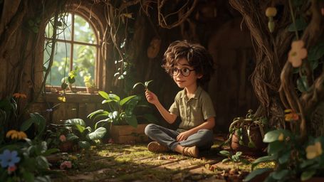 a highly detailed, cinematic photograph of a bespectacled, bright-eyed, homeschooled genius with tousled curly brown hair and