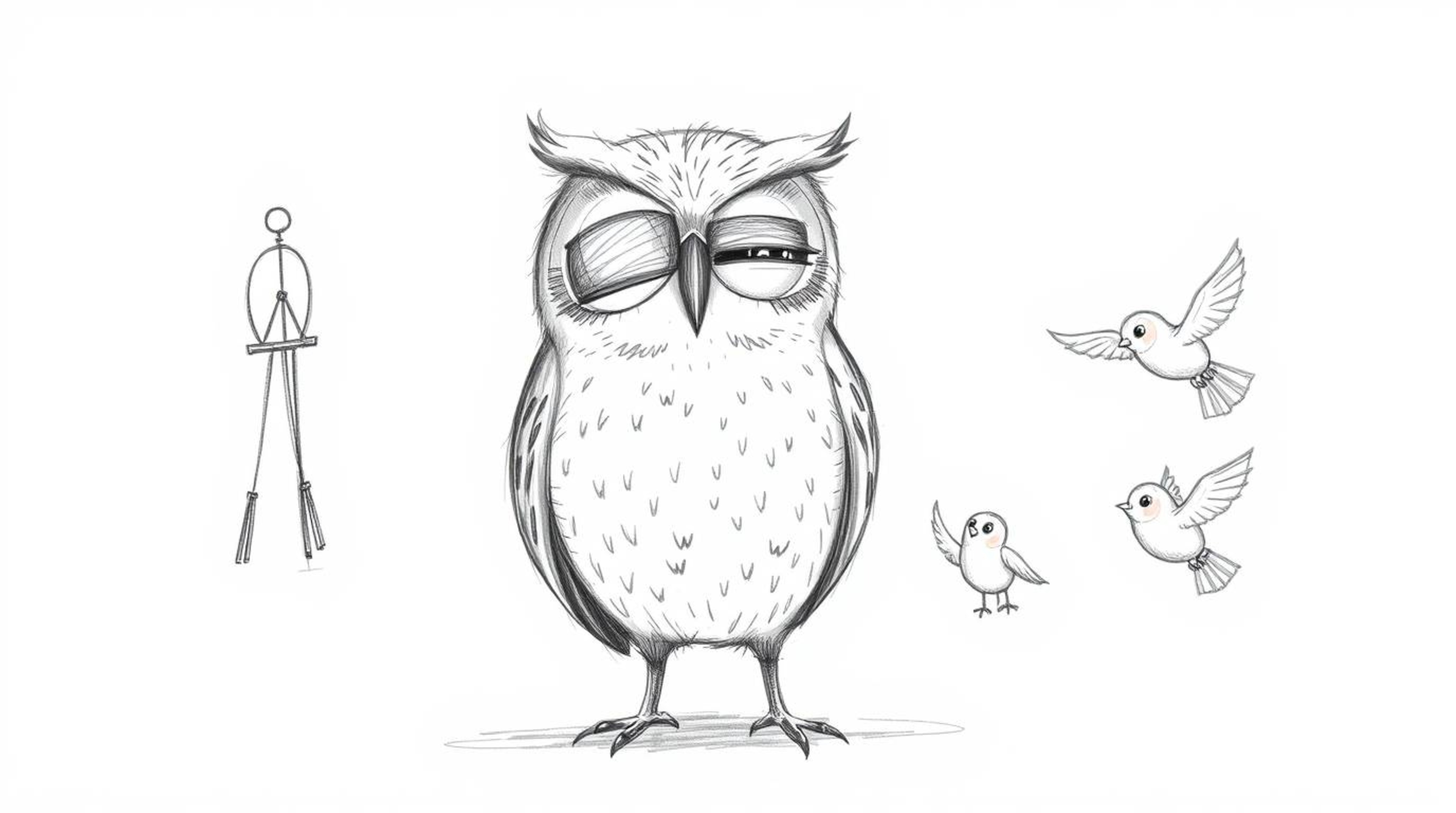 A heartwarming, hand-drawn sketch in the style of Pixar depicts a blind owl with soft, feathery texture gently teaching small