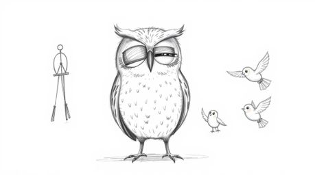 A heartwarming, hand-drawn sketch in the style of Pixar depicts a blind owl with soft, feathery texture gently teaching small