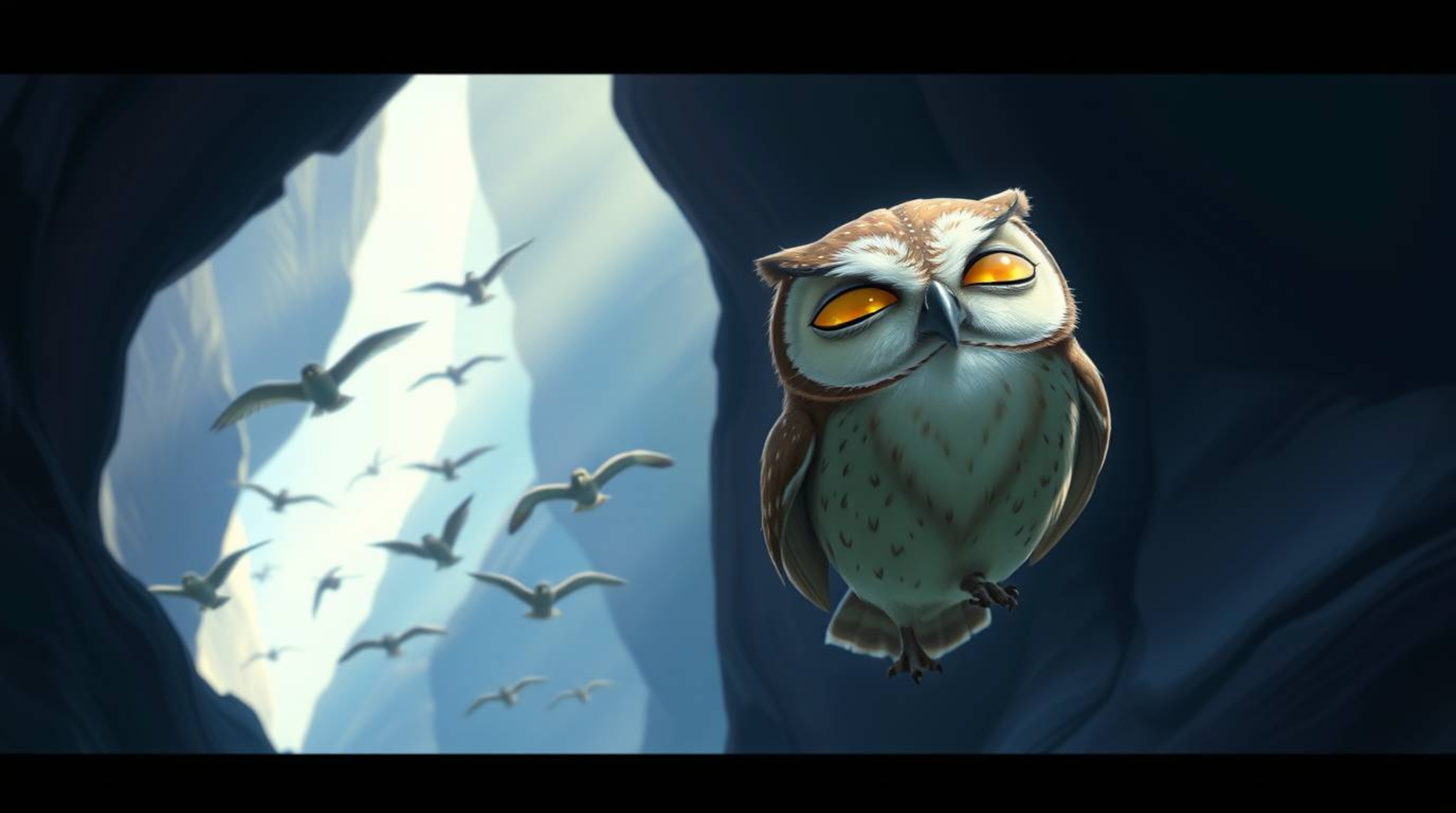 This stunning digital painting, created in the heartwarming style of Pixar, features a blind owl with its large eyes closed i