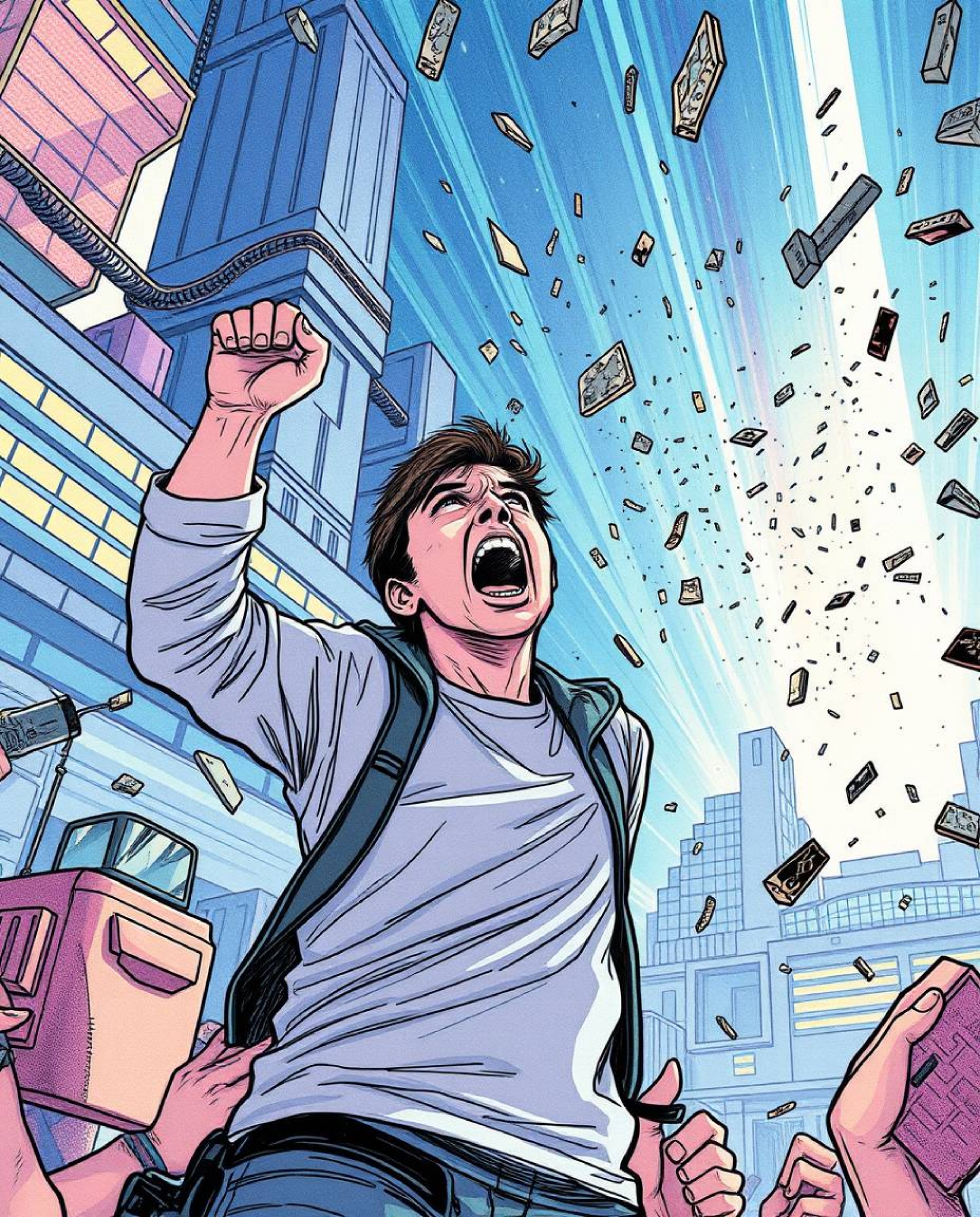 A dramatic and visually striking hand-drawn color sketchnote depicting a heroically screaming figure amidst a modern future w