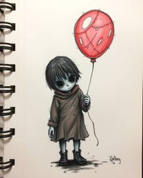 A hand-drawn sketchnote depicting a child holding a balloon in a dark and eerie atmosphere.  The unsettling details and dark 