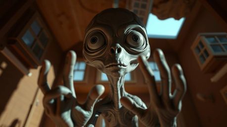 Explore this captivating sculptural clay art depicting an alien residing in a suburban home, viewed from a striking low-angle