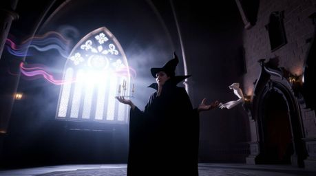 A captivating long-exposure photograph depicts a classic Disney villain casting a spell within a majestic castle.  The image 