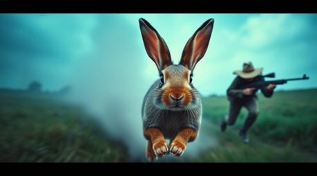 A wacky rabbit with long floppy ears is outrunning a hunter in a dramatic cinematic style reminiscent of a film.  The scene i