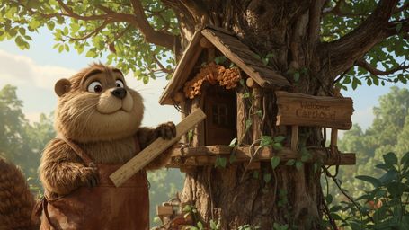A high-resolution, commercially viable, professional quality image of a beaver, reminiscent of Pixar's whimsical style, metic