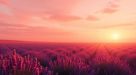 Experience the tranquility of lavender fields bathed in the soft glow of a dreamy pink sky. This image captures a gentle scen
