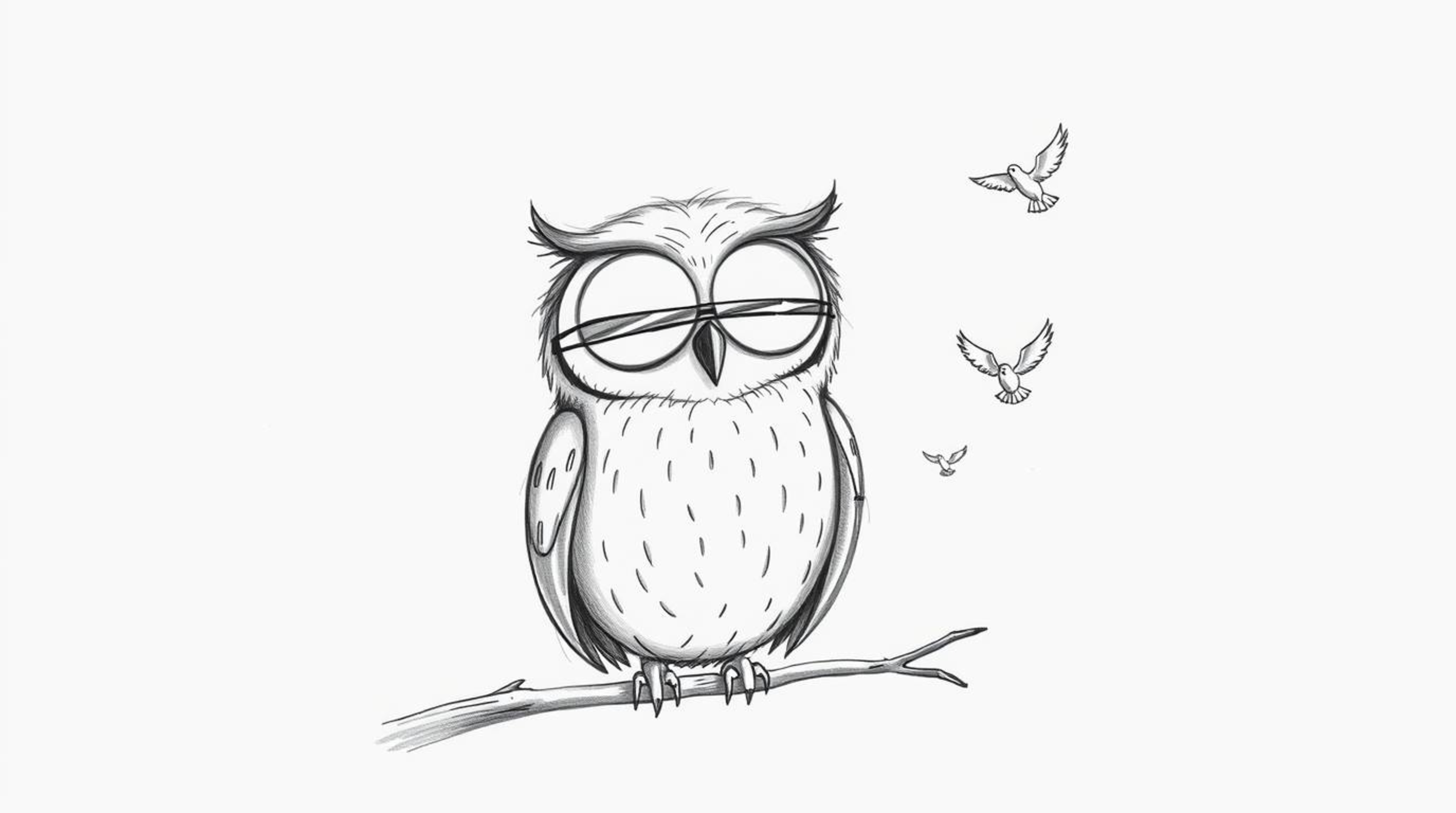 A hand-drawn Pixar-style sketch of a blind owl, rendered with soft, textured pencil strokes, calmly perched against a clean w