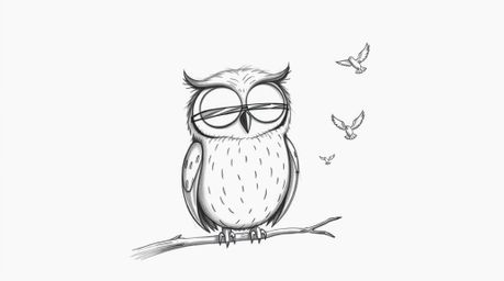 A hand-drawn Pixar-style sketch of a blind owl, rendered with soft, textured pencil strokes, calmly perched against a clean w