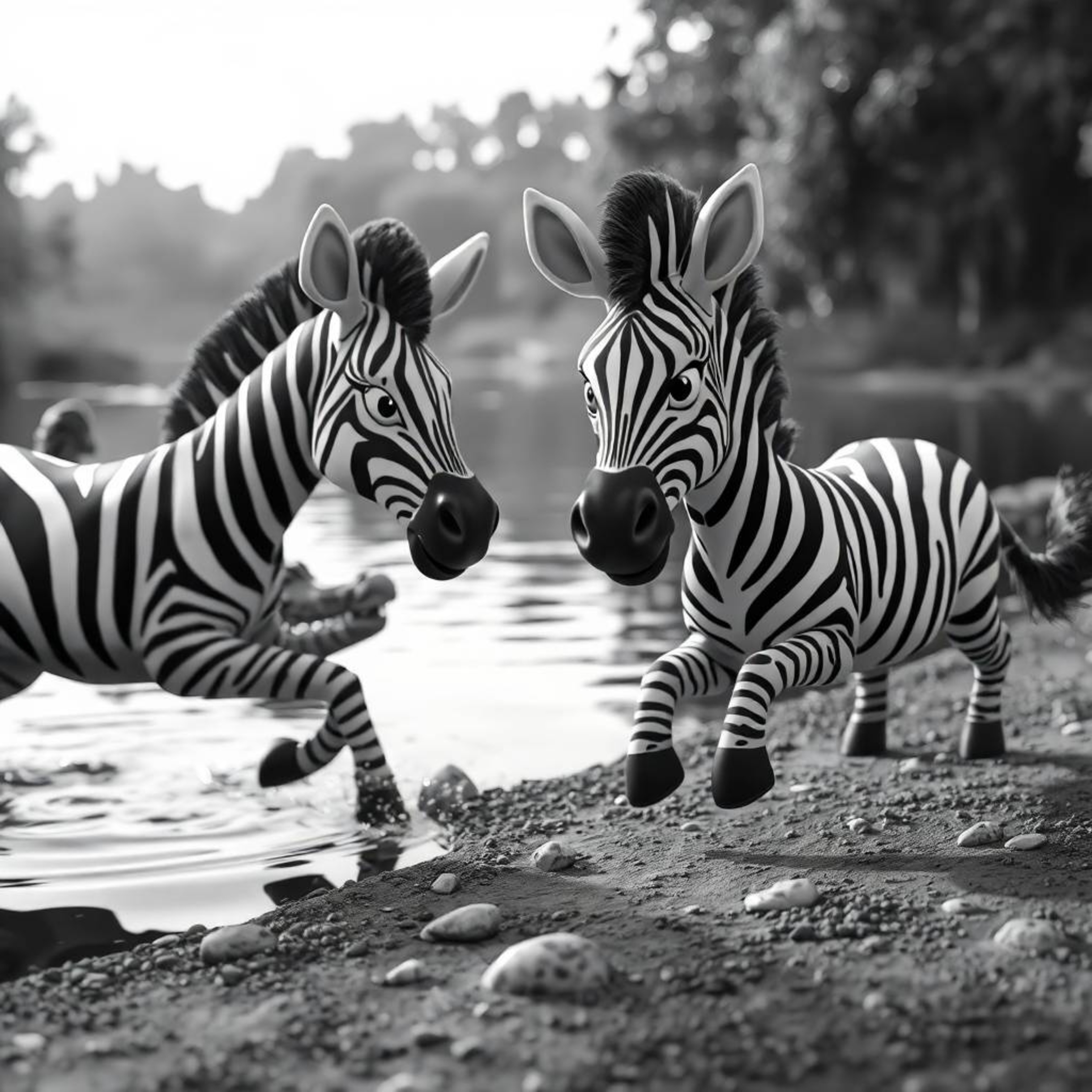A timeless black and white close-up capturing a 3D cartoon zebra in a desperate flight from a crocodile by the river. The sce