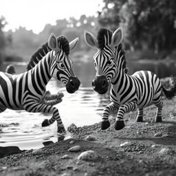 A timeless black and white close-up capturing a 3D cartoon zebra in a desperate flight from a crocodile by the river. The sce