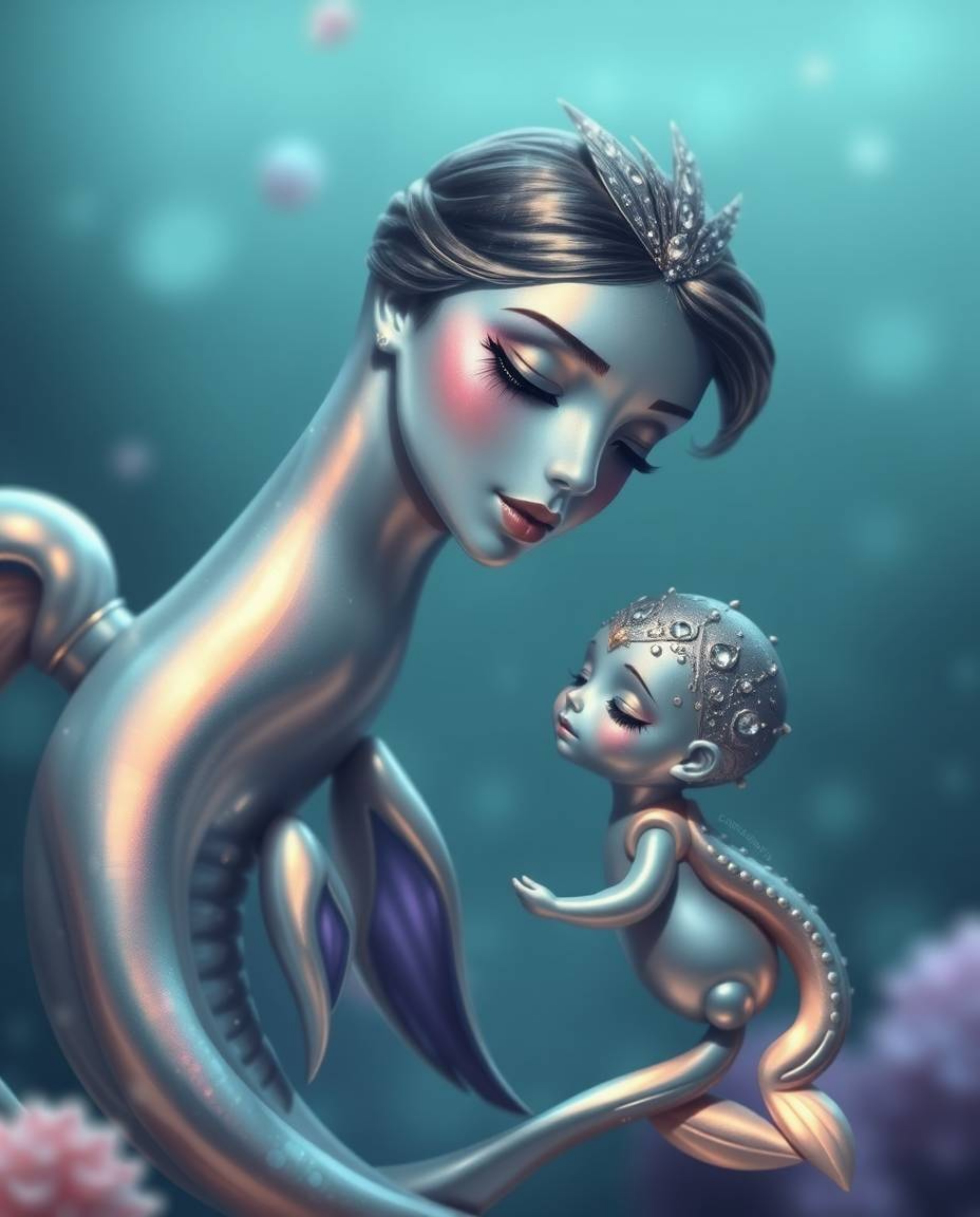 A captivating image showcasing the graceful friendship between a child and a stunning sea creature.  The scene is filled with