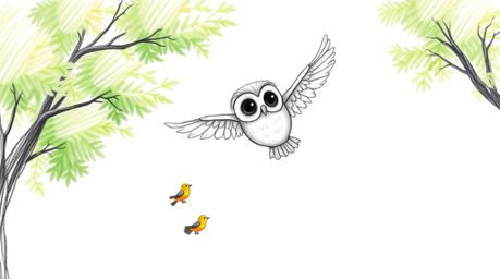 A heartwarming hand-drawn sketch in the style of Pixar depicts a graceful, blind owl with soft, feathery plumage gliding effo