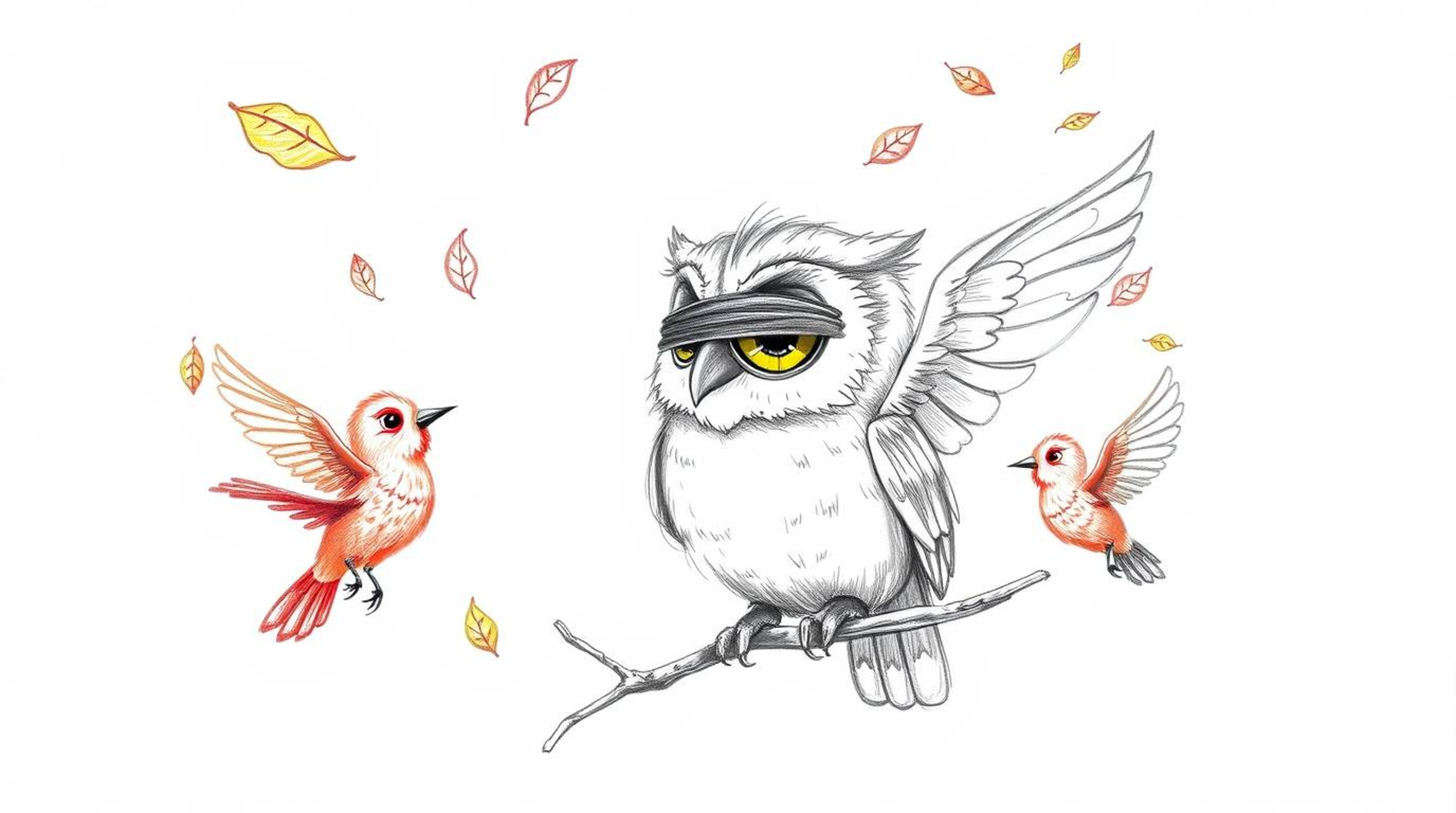 A heartwarming pencil sketch depicts a blind owl with large, expressive eyes.  In a Pixar-inspired style with rough, textured