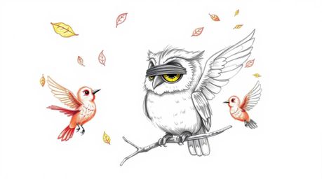 A heartwarming pencil sketch depicts a blind owl with large, expressive eyes.  In a Pixar-inspired style with rough, textured