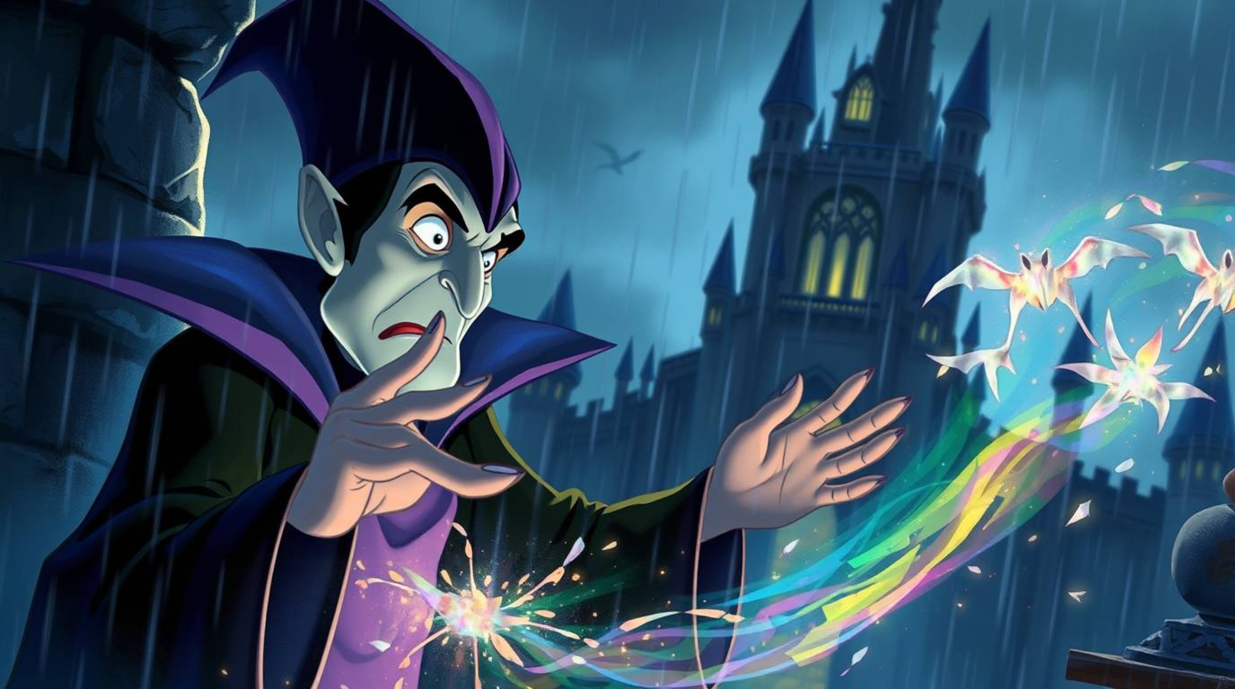 A classic Disney villain with sharp features and pale skin casts a spell within the imposing walls of a gothic castle, all un